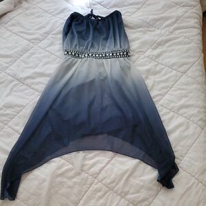 Strapless Ombre Navy to Light Blue Handkerchief Hem Dress